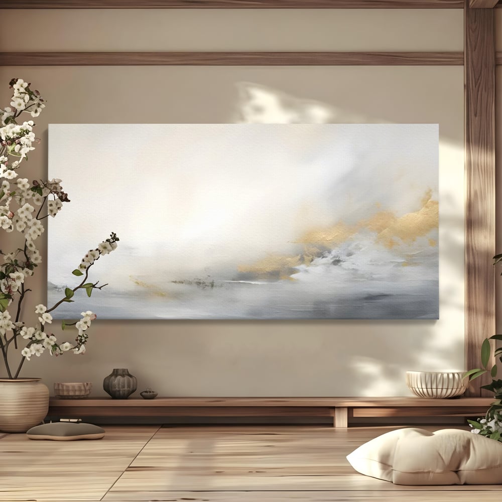 Tablou canvas cu tablou abstract cu ceata si nuante aurii, fara rama, pe sasiu de lemn
